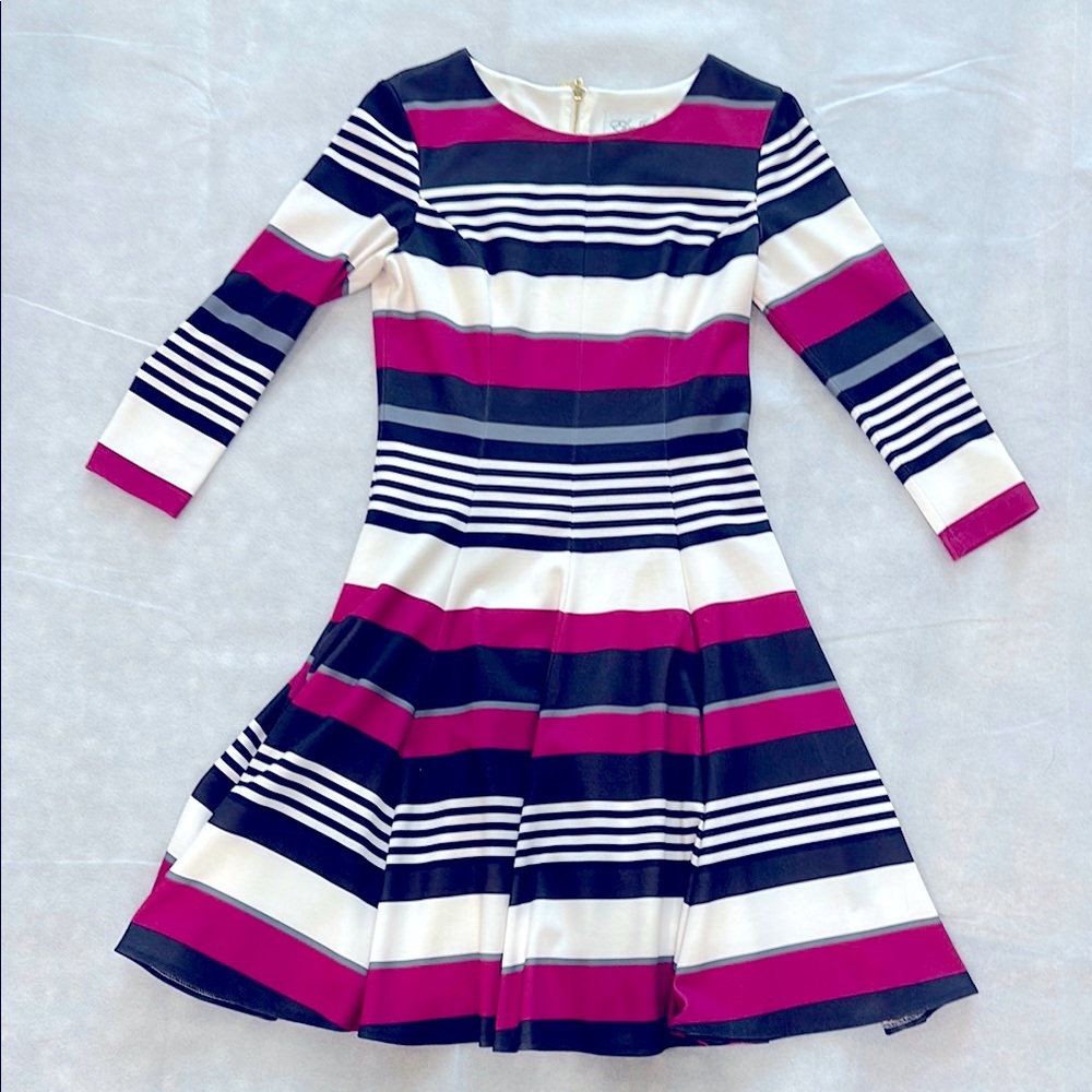 Eliza J Blue and White Fit and Flare Dress with Cuffed Sleeves